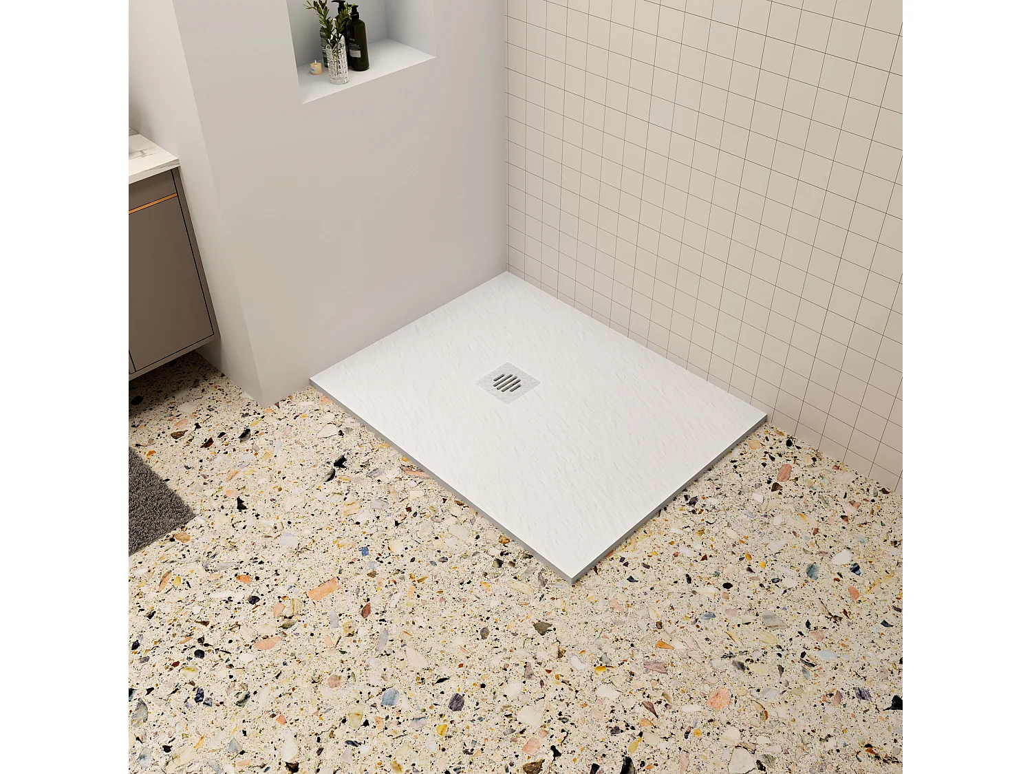 Aica 80x100x3cm witte douchebak (Slate leisteenlook), rechthoekige,gemaakt mengsel van natuursteen en hars, antislip, antibacterieel, met plastic Afvoerset