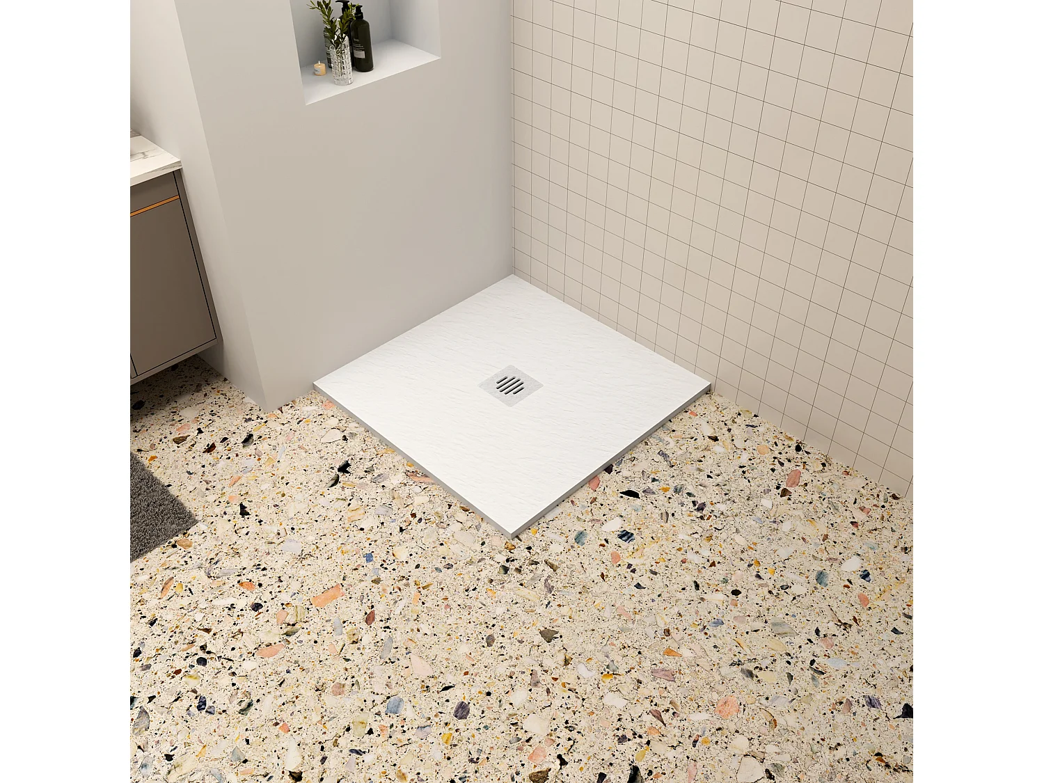 Aica 80x80x3cm witte douchebak (Slate leisteenlook), vierkant,gemaakt mengsel van natuursteen en hars, antislip, antibacterieel, met plastic Afvoerset