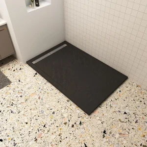 Aica 80x140x3cm zwart douchebak, rechthoek，gemaakt van een mengsel van natuursteen en hars, antislip, antibacterieel, met douchegoot rooster