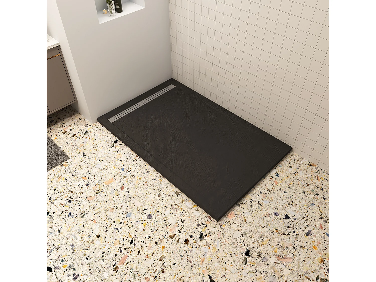 Aica 80x140x3cm zwart douchebak, rechthoek,gemaakt van een mengsel van natuursteen en hars, antislip, antibacterieel, met douchegoot rooster