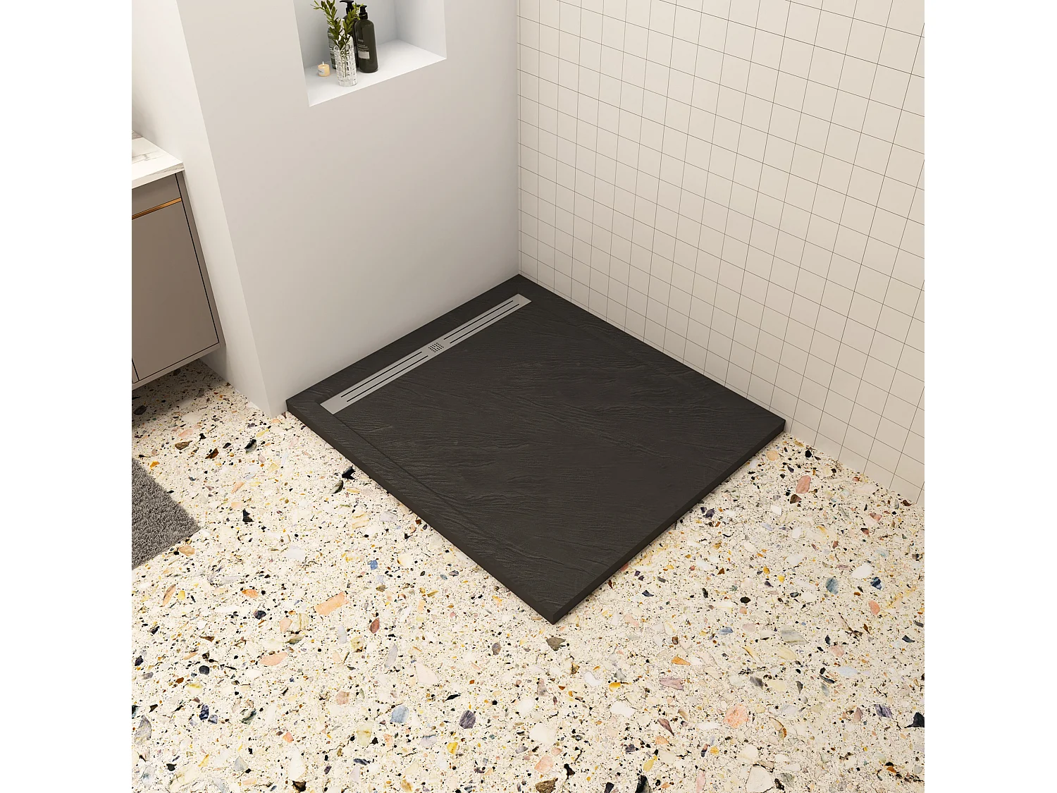 Aica 80x80x3cm zwart douchebak, vierkant,gemaakt van een mengsel van natuursteen en hars, antislip, antibacterieel, met douchegoot rooster en afvoer