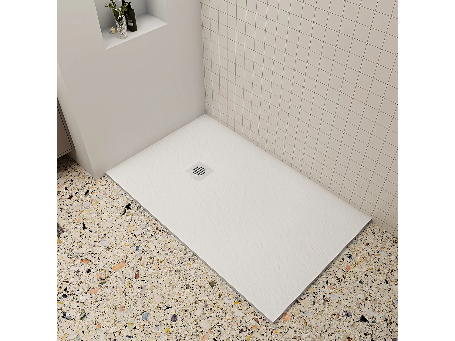 Aica 90x100x3cm witte douchebak (Slate leisteenlook),rechthoekige,gemaakt mengsel van natuursteen en hars,antislip,antibacterieel Roestvrij staal douchegoot rooster
