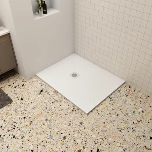 Aica 80x120x3cm witte douchebak (Slate leisteenlook), rechthoekige，gemaakt mengsel van natuursteen en hars, antislip, antibacterieel, met plastic Afvoerset
