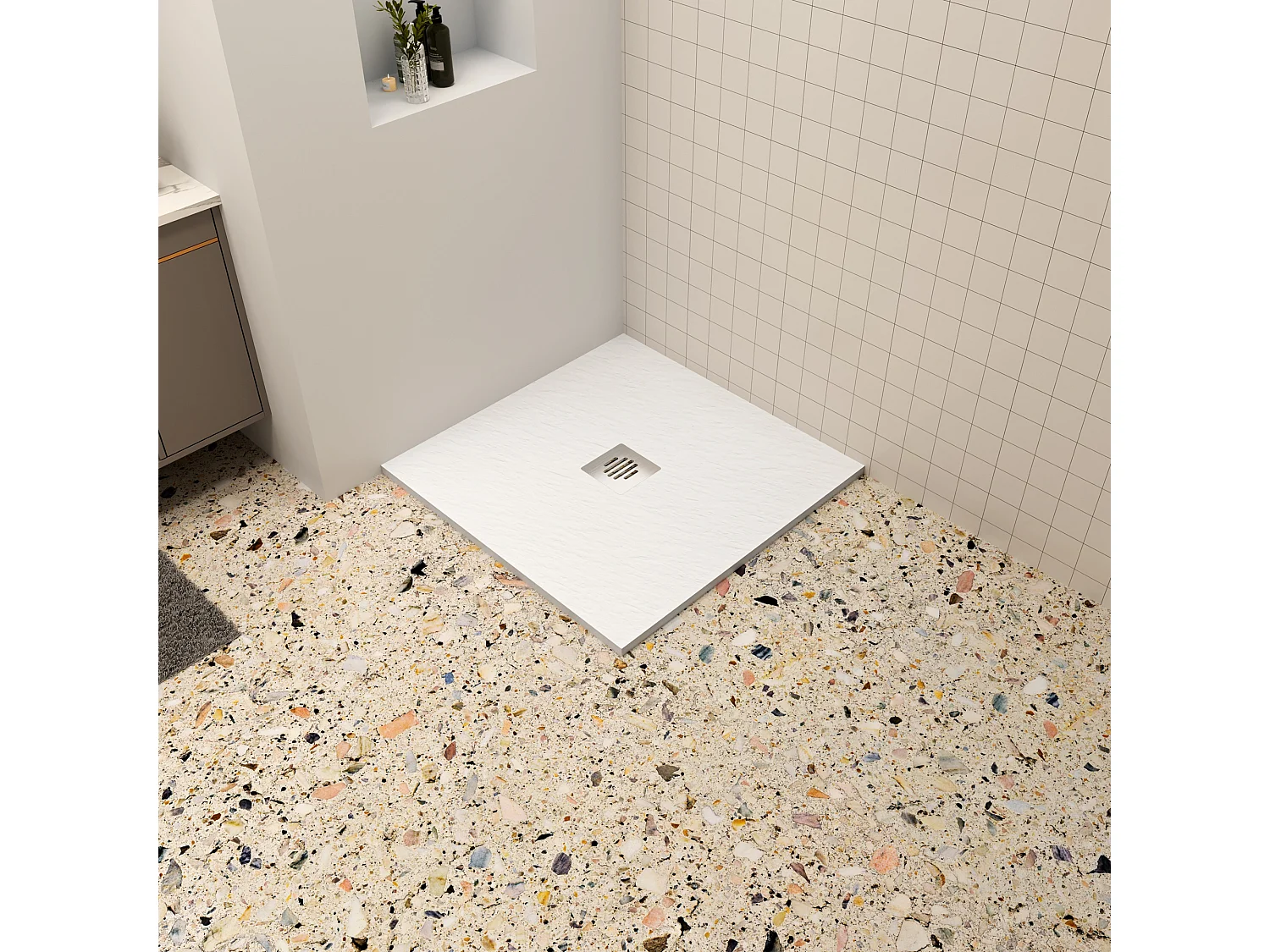 Aica 80x80x3cm witte douchebak (Slate leisteenlook), vierkant,gemaakt mengsel van natuursteen en hars, antislip, antibacterieel, met Roestvrij Afvoerset