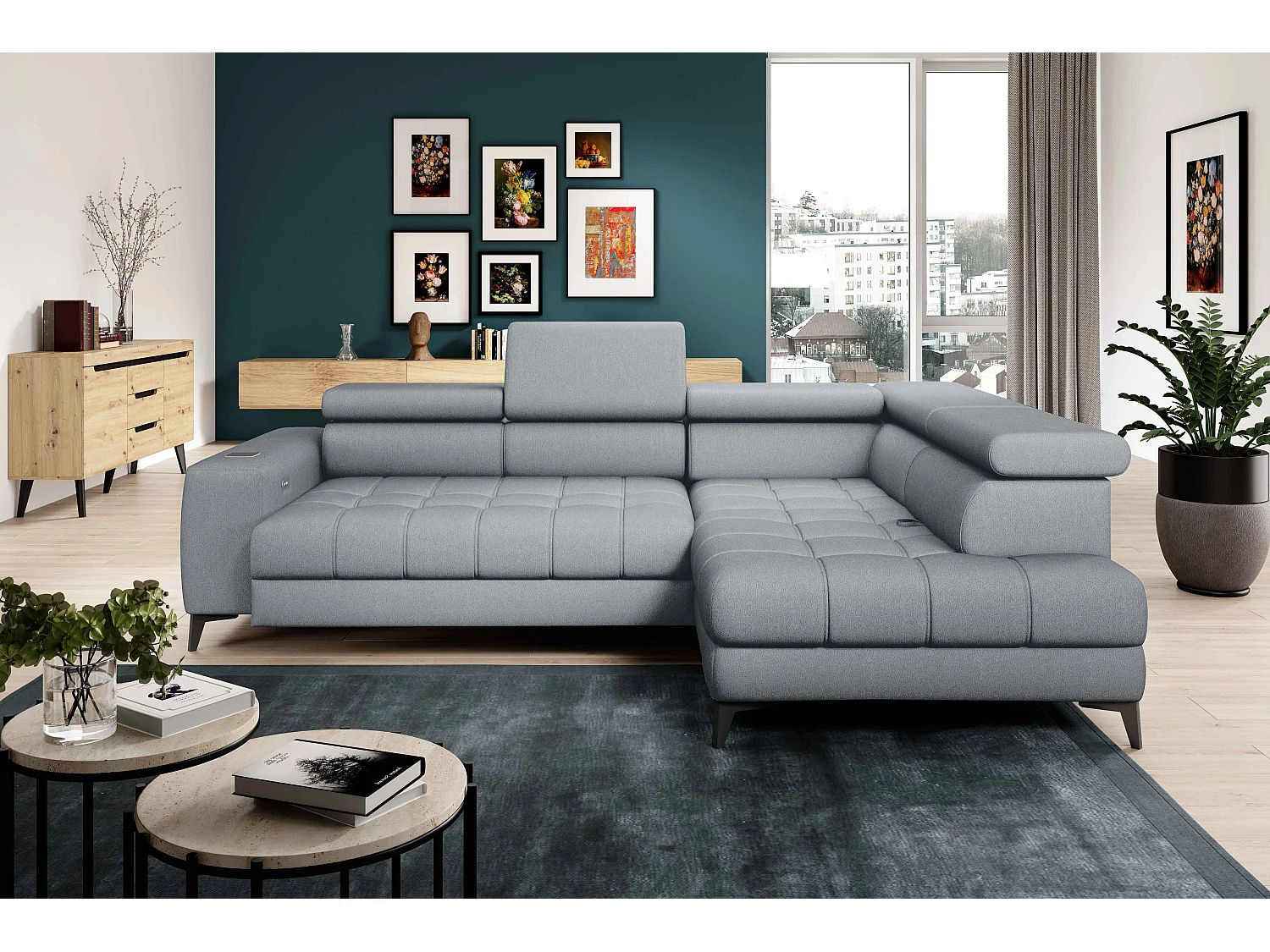 BAGGIO Hoekbank 280x196cm, slaapfunctie, opbergruimte, elektrisch verstelbaar, rechts, Lichtgrijs