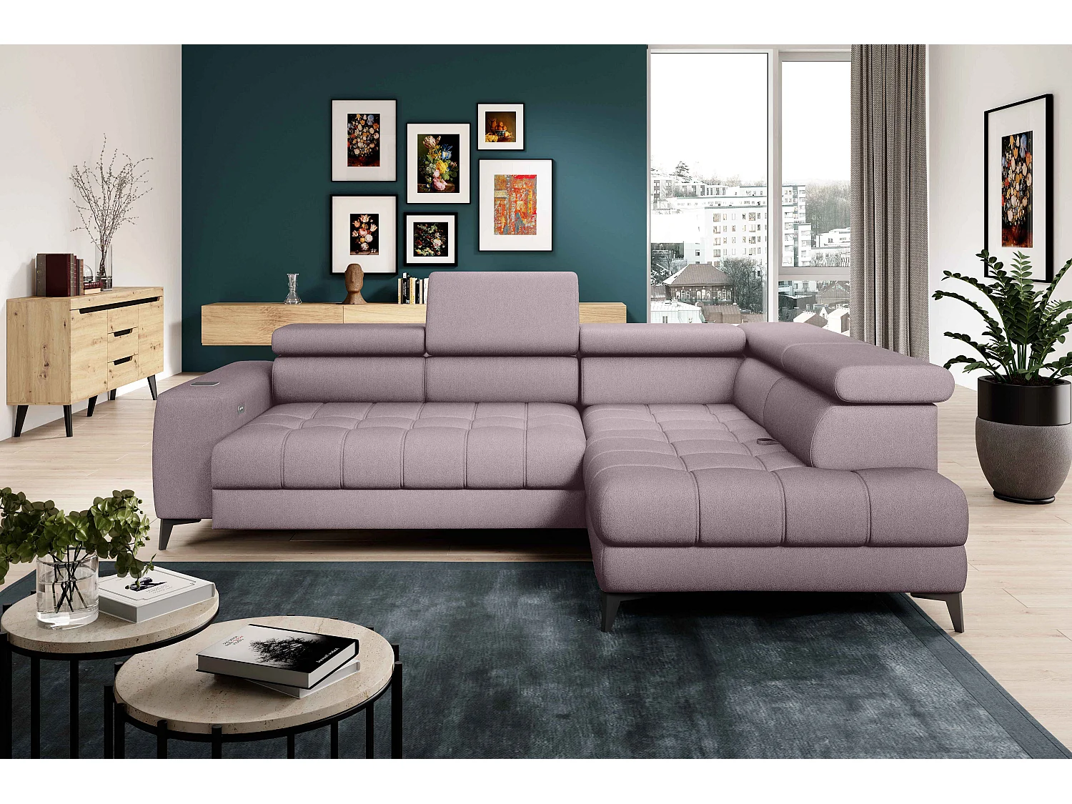 BAGGIO Hoekbank 280x196cm, slaapfunctie, opbergruimte, elektrisch verstelbaar, rechts, Poederroze