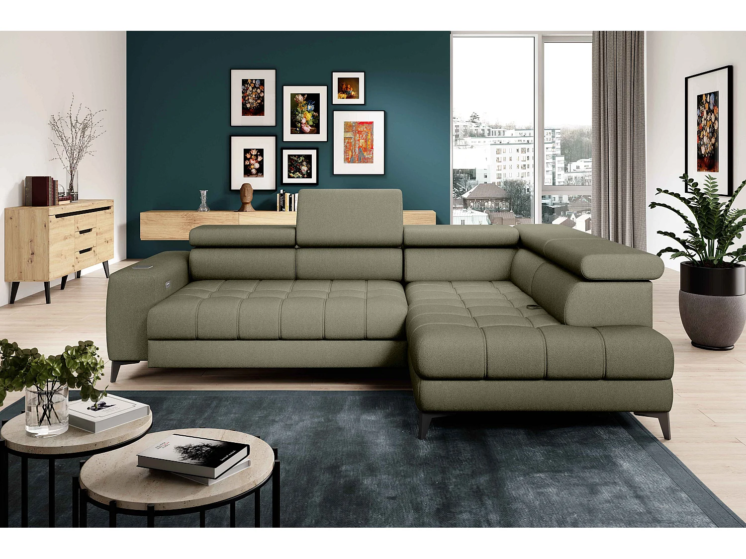 BAGGIO Hoekbank 280x196cm, slaapfunctie, opbergruimte, elektrisch verstelbaar, rechts, Lichtgroen