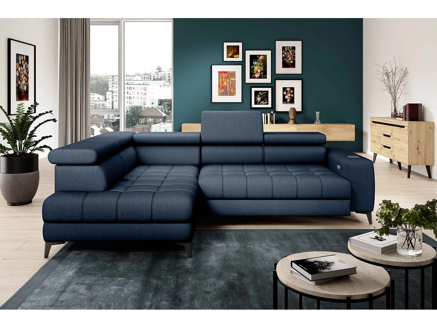 BAGGIO Hoekbank 280x196cm, slaapfunctie, opbergruimte, elektrisch verstelbaar, links, Marineblauw