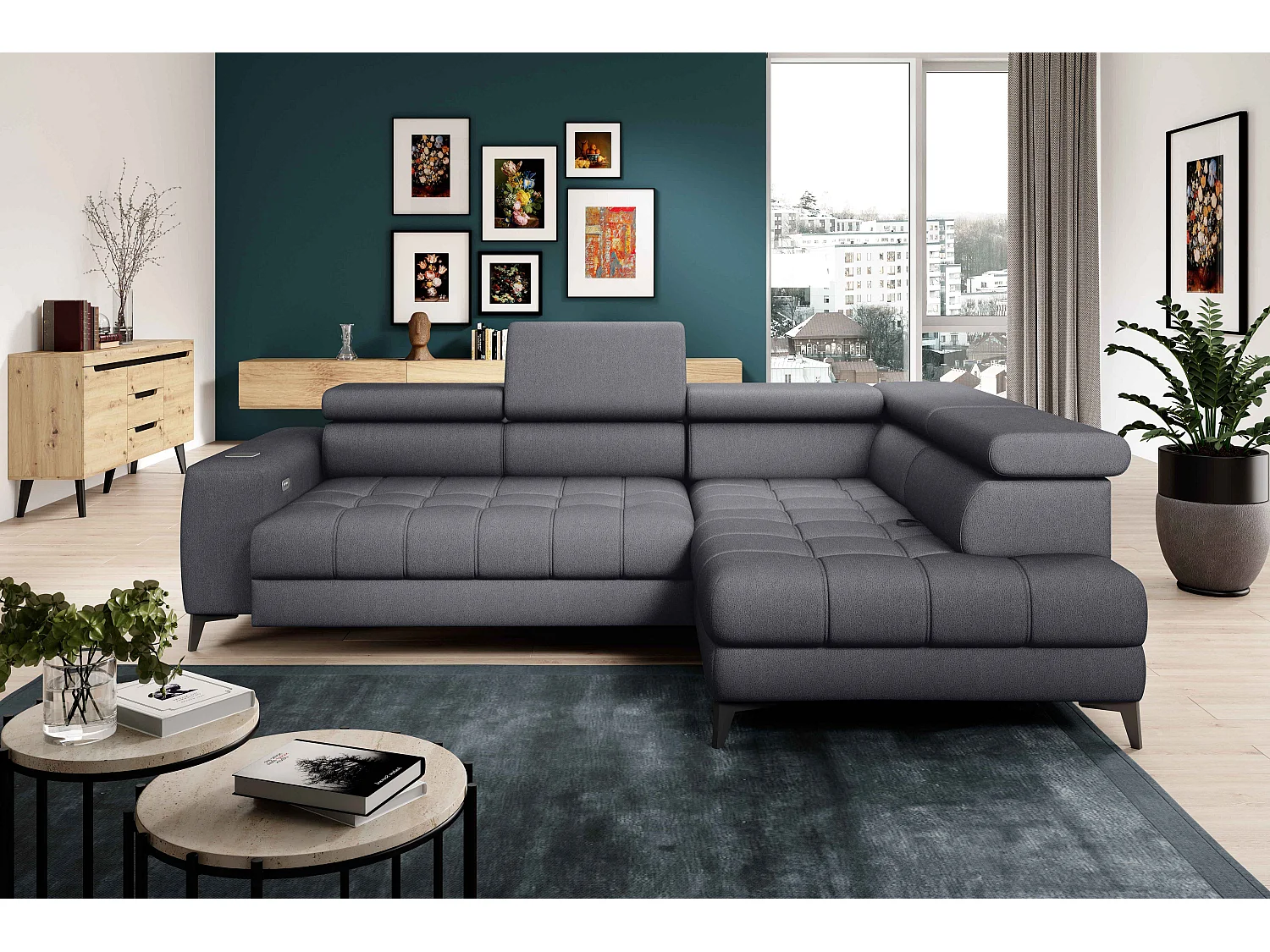 BAGGIO Hoekbank 280x196cm, slaapfunctie, opbergruimte, elektrisch verstelbaar, rechts, Donkergrijs
