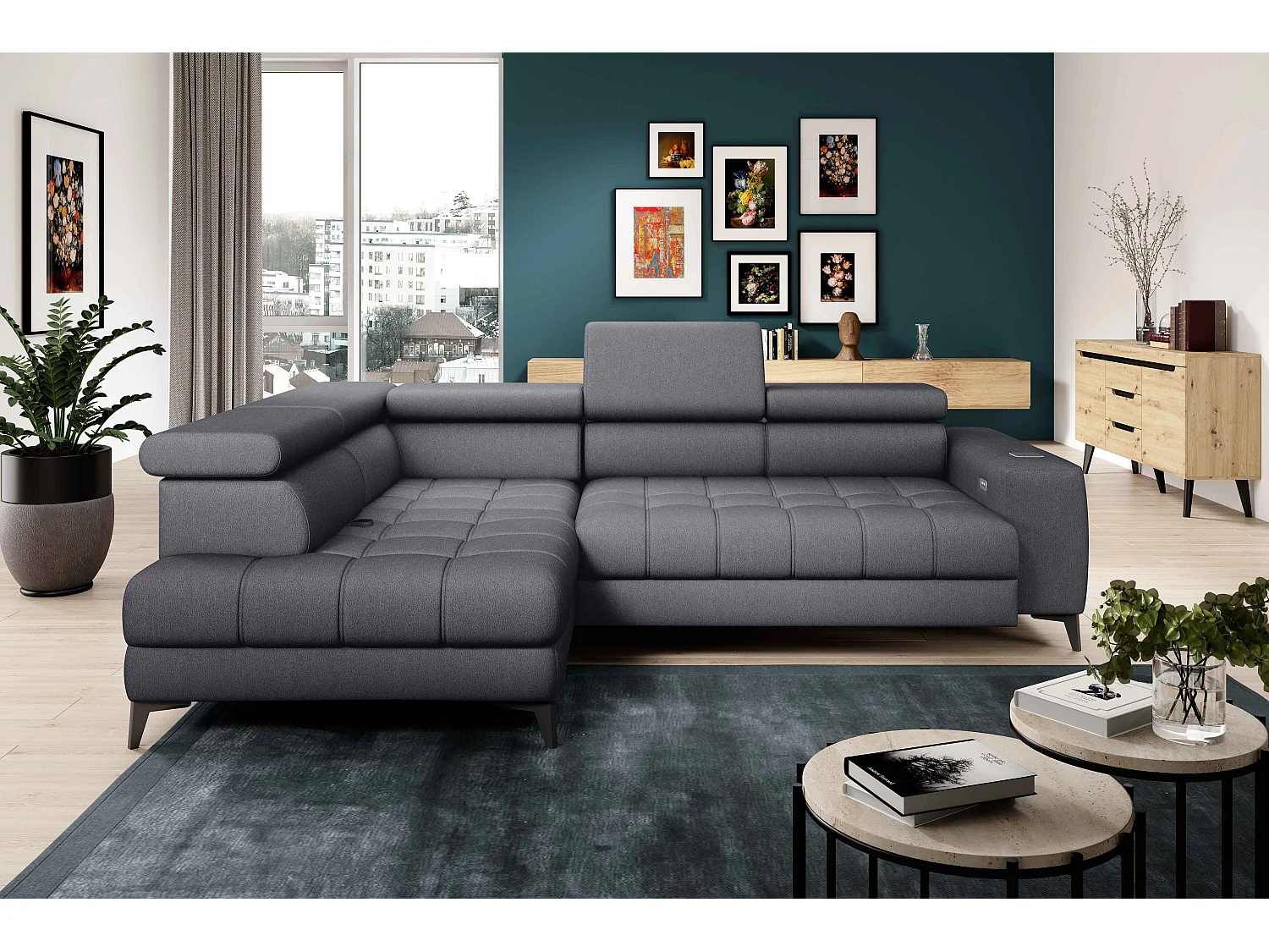 BAGGIO Hoekbank 280x196cm, slaapfunctie, opbergruimte, elektrisch verstelbaar, links, Donkergrijs