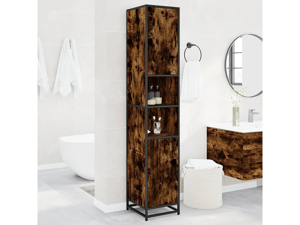 Badkamerkast 35x37,5x188,5 cm hout en metaal gerookt eikenkleur