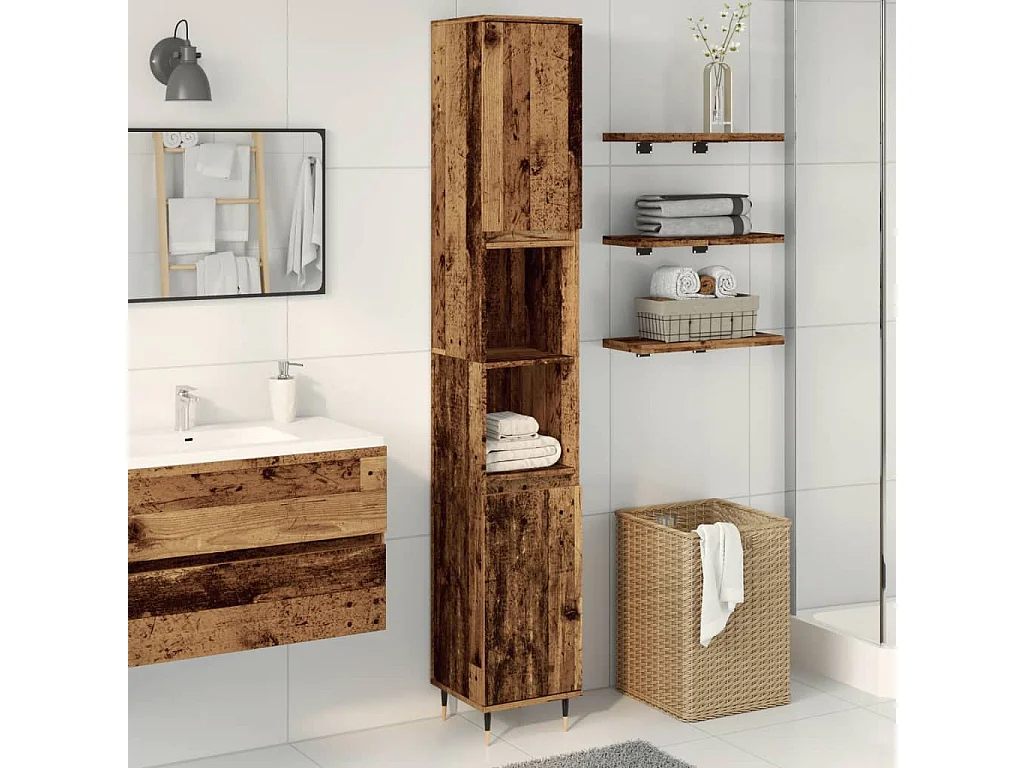 Badkamerkast 30x30x190 cm bewerkt hout oud houtkleurig