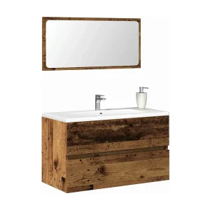 Badkamerkast met spiegel bewerkt hout oud houtkleurig Badkamerkast met spiegel bewerkt hout oud houtkleurig