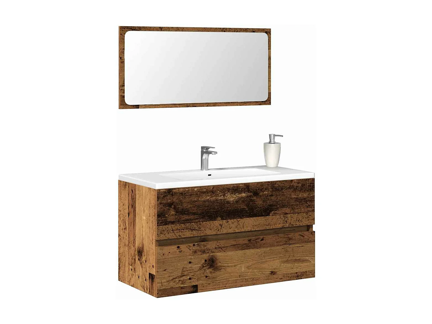 Badkamerkast met spiegel bewerkt hout oud houtkleurig