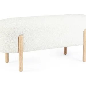 Bank in witte bouclé-effect stof en rubberhouten poten – DAYLA Bank in witte bouclé-effect stof en rubberhouten poten – DAYLA