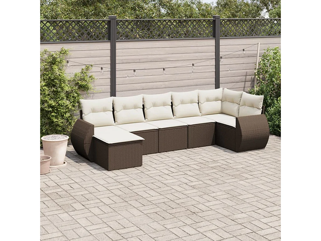 7-delige Loungeset met kussens poly rattan bruin