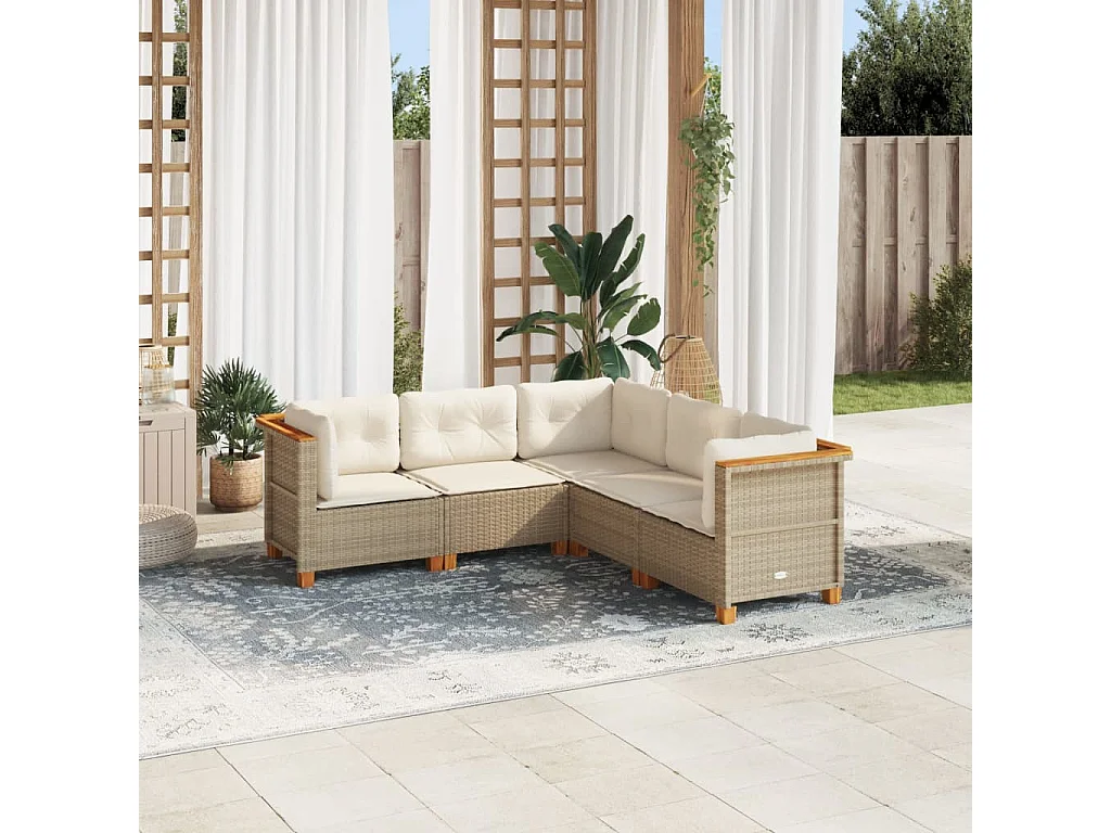 5-delige Loungeset met kussens poly rattan beige