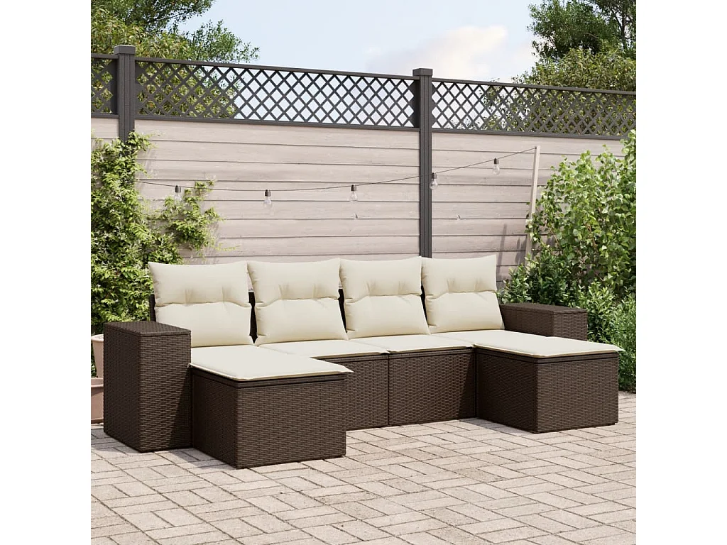 6-delige Loungeset met kussens poly rattan bruin
