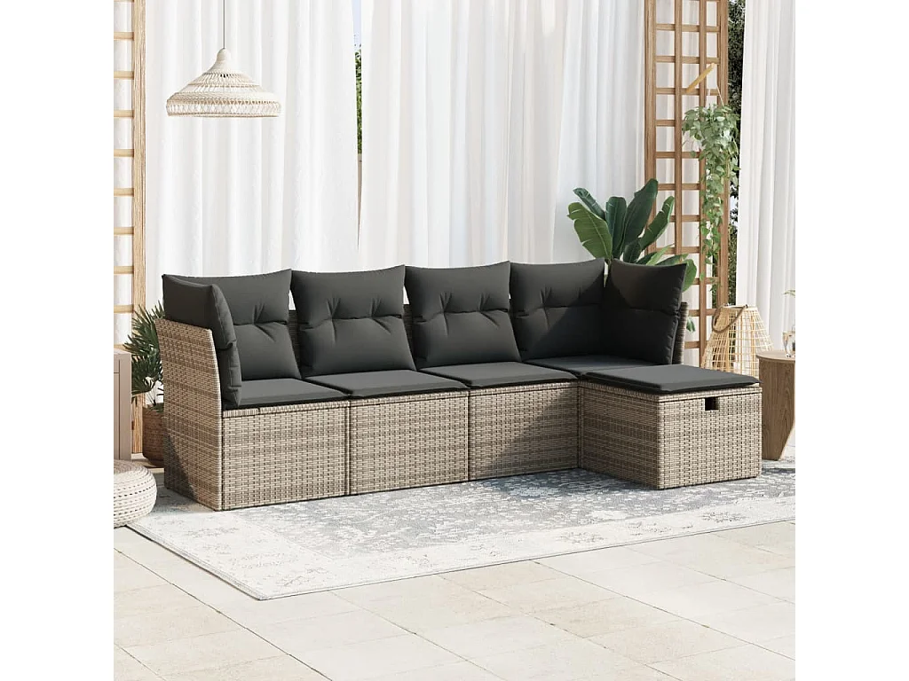 5-delige Loungeset met kussens poly rattan grijs