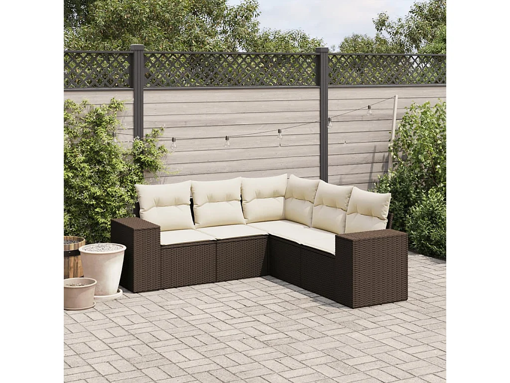 5-delige Loungeset met kussens poly rattan bruin