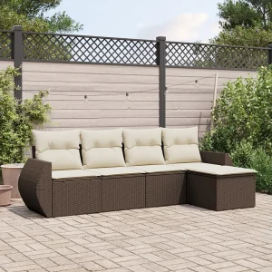 5-delige Loungeset met kussens poly rattan bruin 5-delige Loungeset met kussens poly rattan bruin