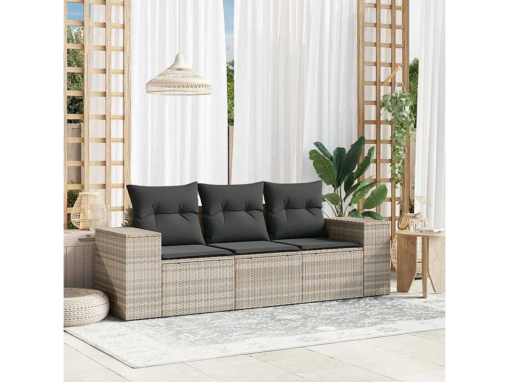 3-delige Loungeset met kussens poly rattan lichtgrijs