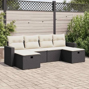 6-delige Loungeset met kussens poly rattan zwart 6-delige Loungeset met kussens poly rattan zwart
