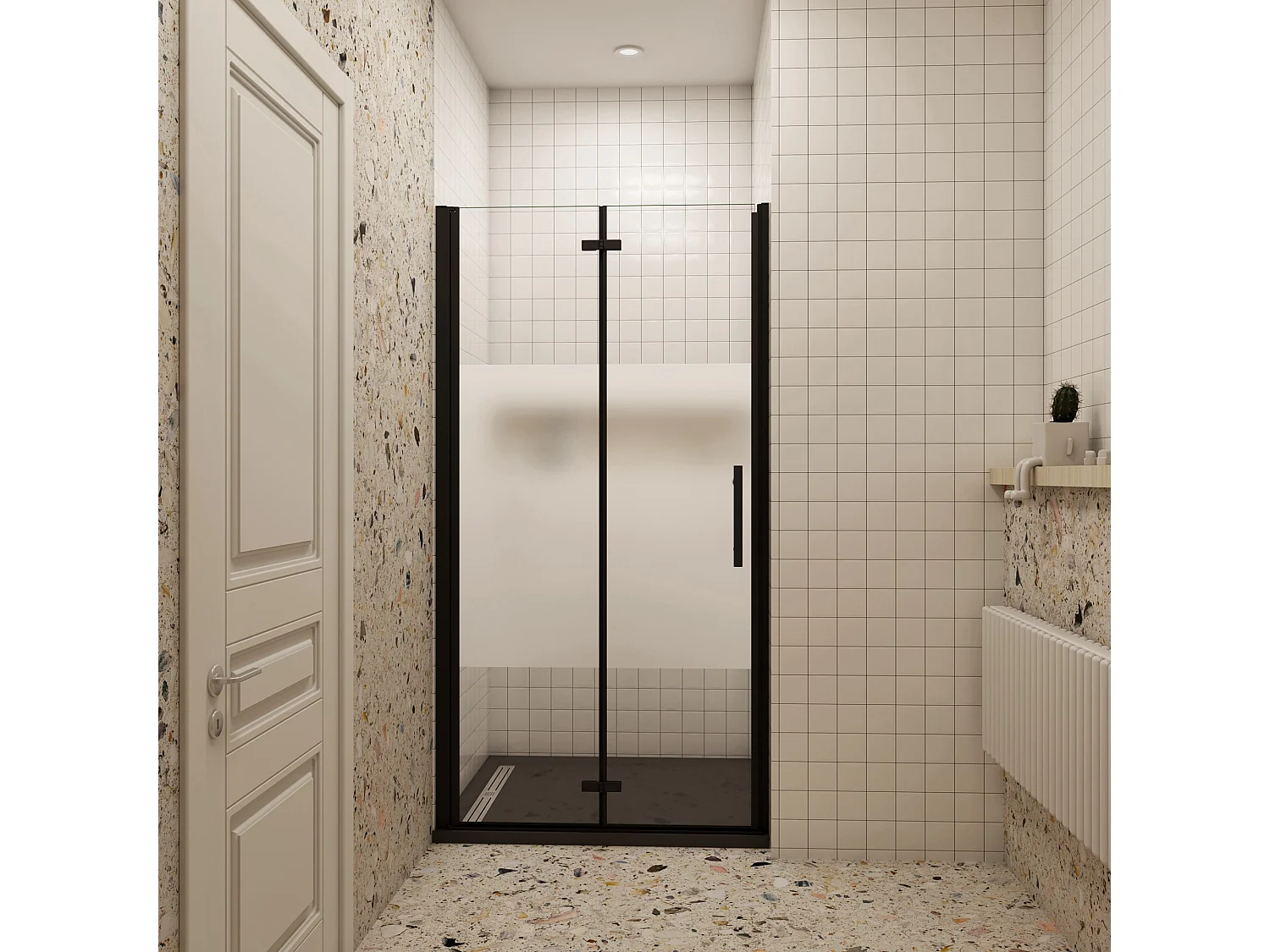 80x185cm Douchedeur vouwdeur, niche douchedeur, 6mm nano veiligheidsglas,ondoorzichtige matte middenstrook,Mat Zwart Profiel