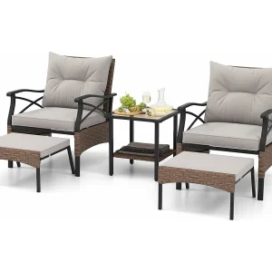 5-delige rotan tuinmeubelset, 2-traps bijzettafel, 2 stoelen met kruk, terrasmeubels, balkonmeubels 2 personen, tuingarnituur incl. zitkussens en rugkussens ZB33798
