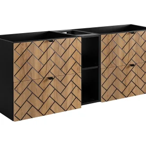 Badkamermeubel, Gouden ambachtelijk eikenhout, 140 x 57 x 46 cm, zwarte handgrepen