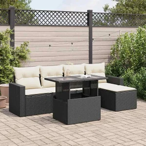 6-delige Loungeset met kussens poly rattan zwart 6-delige Loungeset met kussens poly rattan zwart