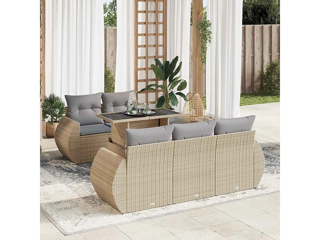 6-delige Loungeset met kussens poly rattan beige