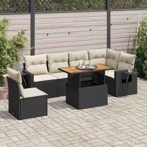 7-delige Loungeset met kussens poly rattan zwart 7-delige Loungeset met kussens poly rattan zwart