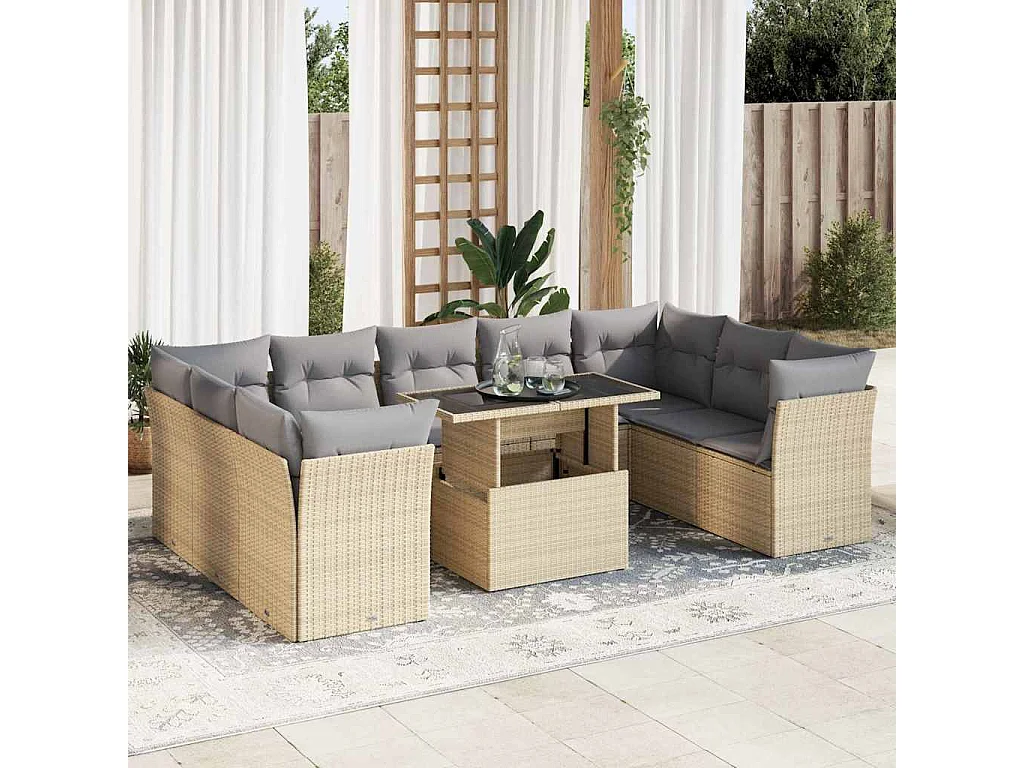 10-delige Loungeset met kussens poly rattan beige