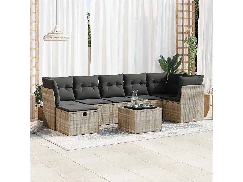 8-delige Loungeset met kussens poly rattan lichtgrijs