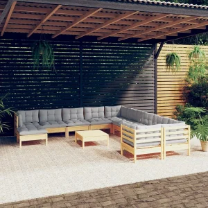 12-delige Loungeset met grijze kussens grenenhout 12-delige Loungeset met grijze kussens grenenhout