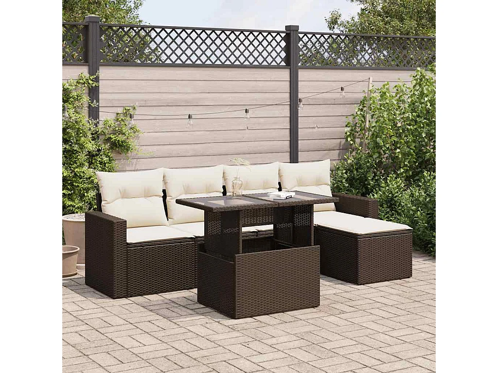 6-delige Loungeset met kussens poly rattan bruin