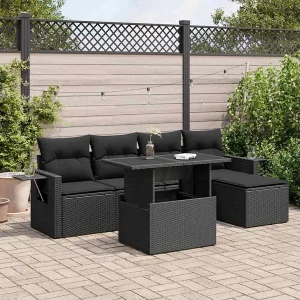 6-delige Loungeset met kussens poly rattan zwart 6-delige Loungeset met kussens poly rattan zwart