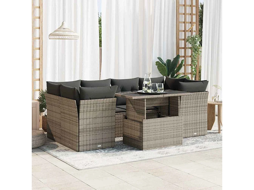 7-delige Loungeset met kussens poly rattan grijs