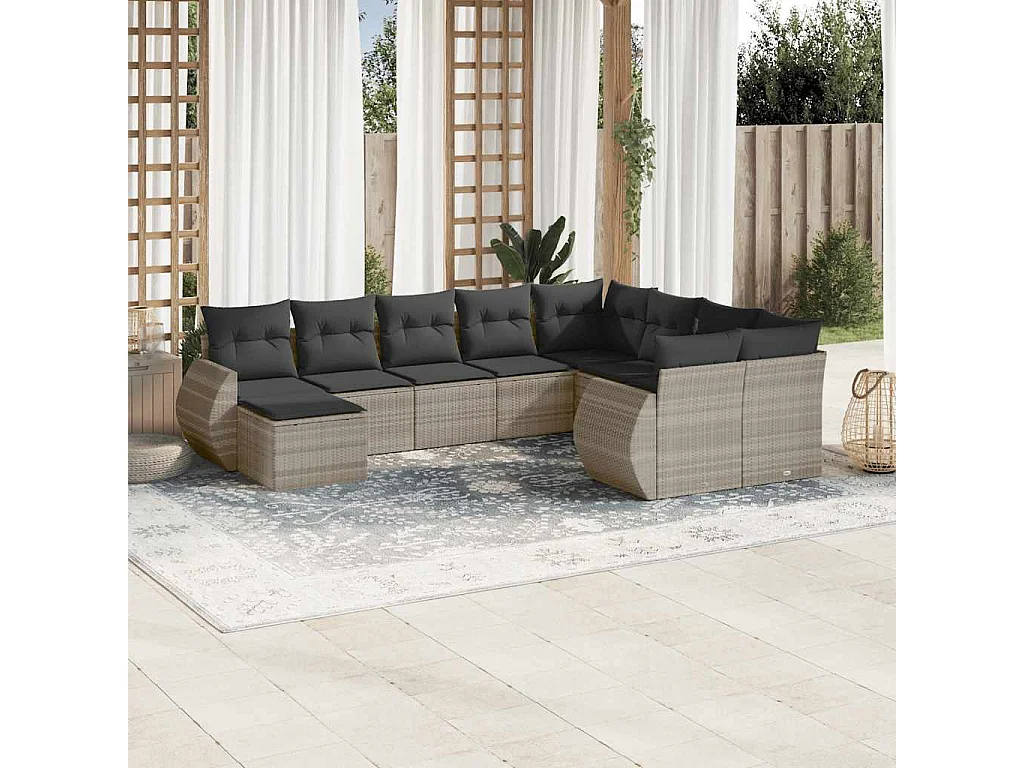 10-delige Loungeset met kussens poly rattan lichtgrijs