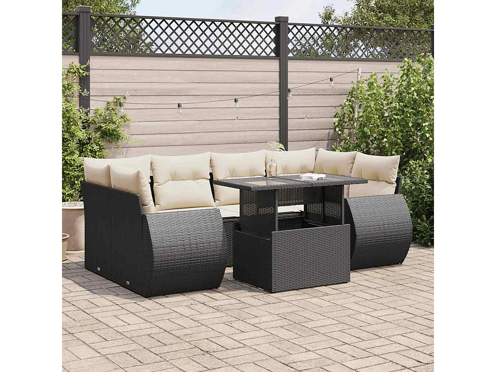 7-delige Loungeset met kussens poly rattan zwart