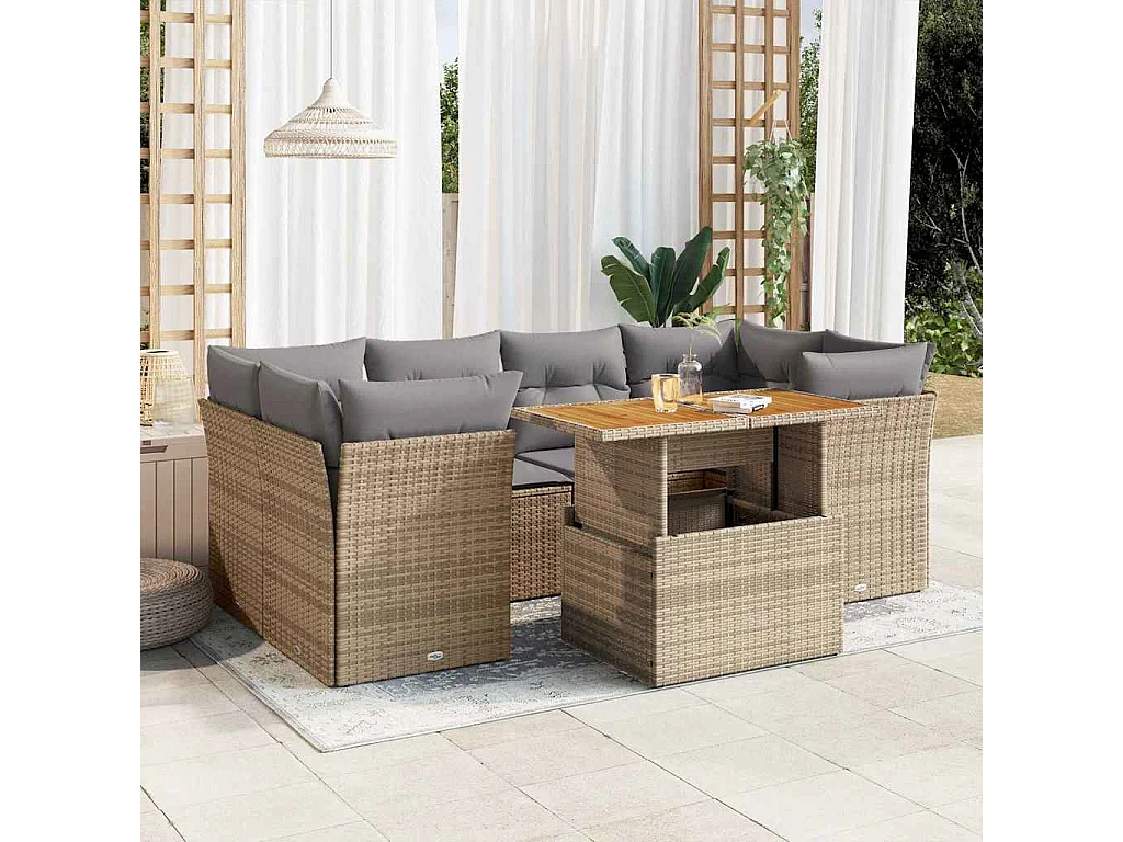 7-delige Loungeset met kussens poly rattan beige