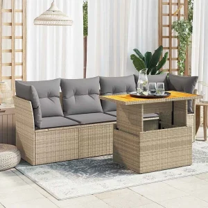5-delige Loungeset met kussens poly rattan beige 5-delige Loungeset met kussens poly rattan beige