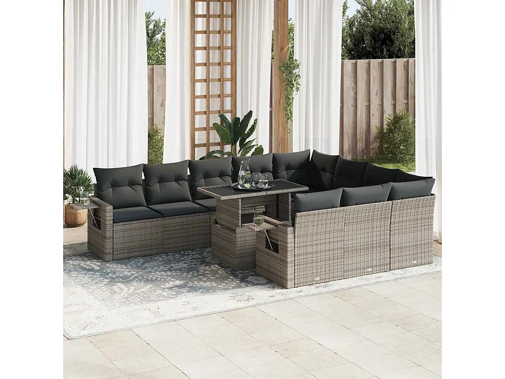 11-delige Loungeset met kussens poly rattan grijs