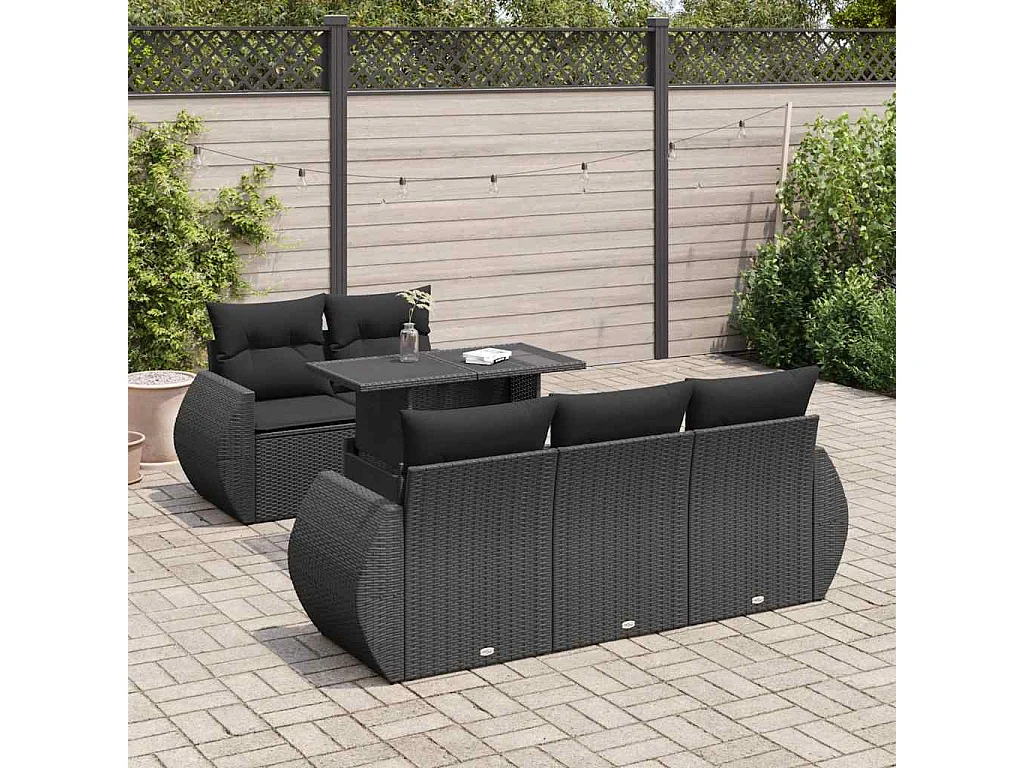 6-delige Loungeset met kussens poly rattan zwart