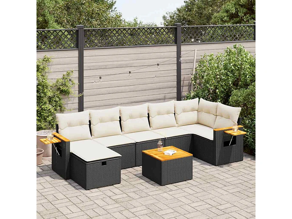 8-delige Loungeset met kussens poly rattan zwart