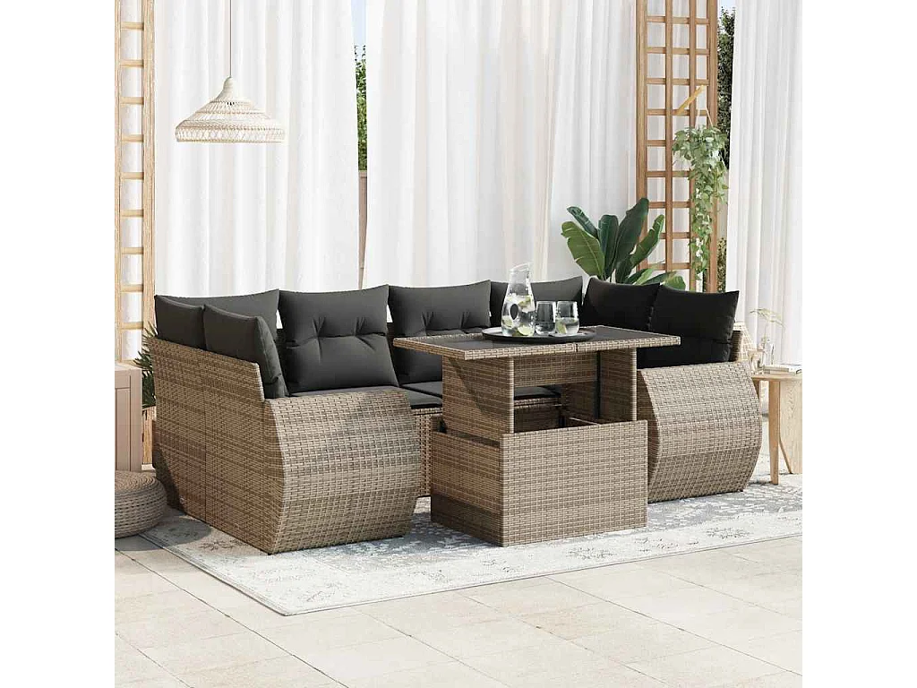 7-delige Loungeset met kussens poly rattan grijs