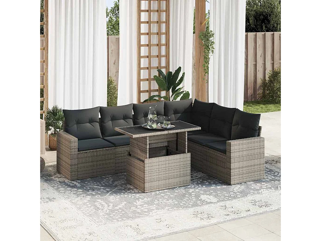 7-delige Loungeset met kussens poly rattan grijs