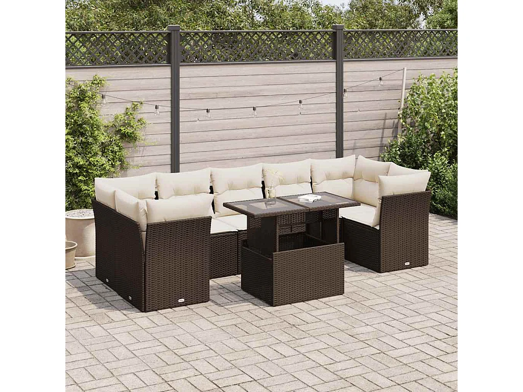 8-delige Loungeset met kussens poly rattan bruin