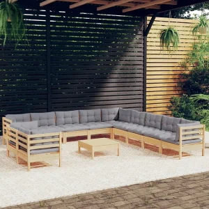 12-delige Loungeset met grijze kussens massief grenenhout 12-delige Loungeset met grijze kussens massief grenenhout